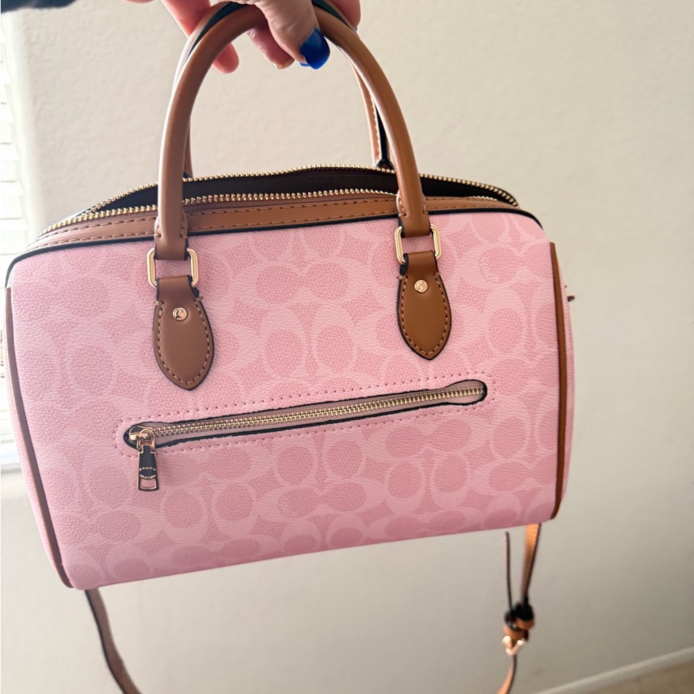 COACH Pink Signature Medium  Satchel with Brown Leather Trim and Gold Hardware - Picture 5 of 9